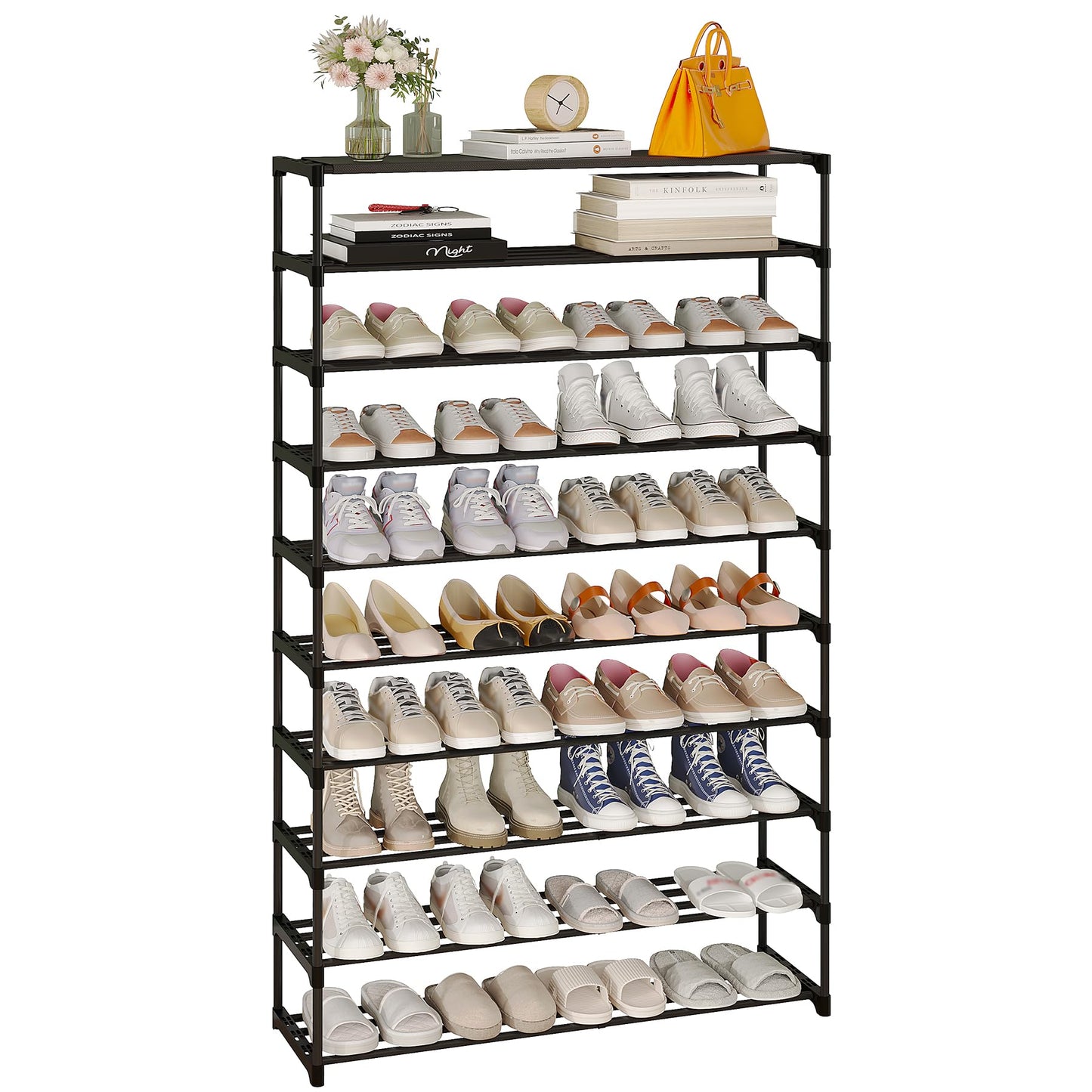 Calmootey 10-Tier Shoe Rack, Tall Large Capacity 50 Pairs Shoes Storage Organizer, Stackable Wide Shoe Shelf for Entryway, Hallway, Black