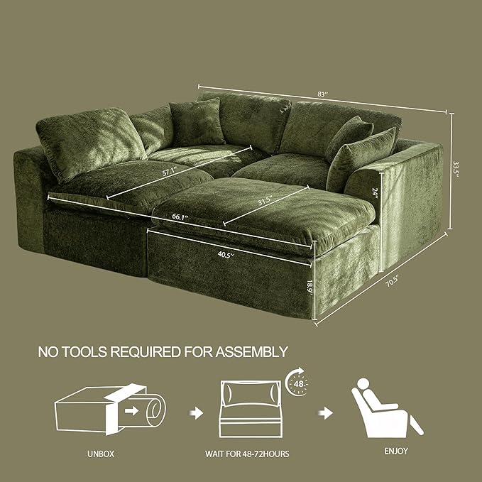 115''Cloud Sectional Couch, Modern L-Shape Sofa with Ottoman, Oversized Convertible 3 Seater Modular Couches for Living Room, Forest Green