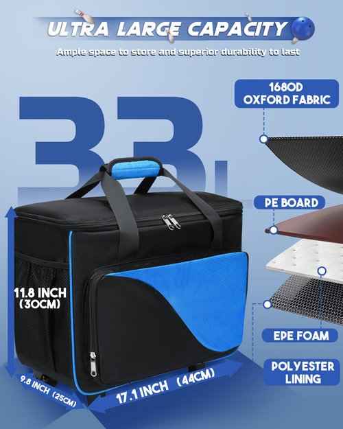 2 Ball Bowling Bag with Wheels Double Bowling Ball Bag for Bowling Equipment Accessories Blue Bowling Roller Bags for Bowling Stuff Supplies Rolling Tote with Bowling Shoe Bag Ball Stand Bowling Gifts