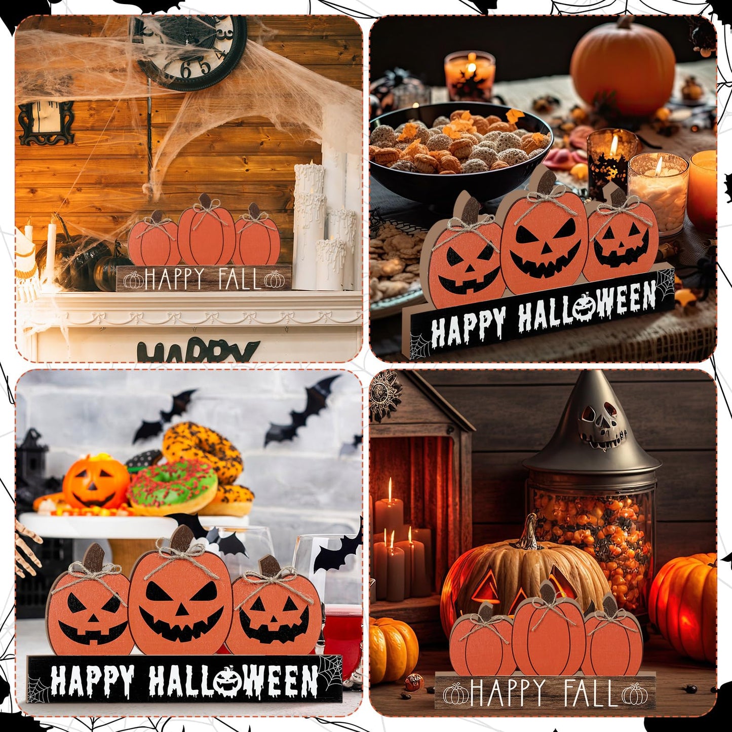 Purpeak Fall Wooden Table Sign Double Side Halloween and Thanksgiving Tabletop Pumpkin Sign Happy Fall Wood Block Tiered Tray Decor for Home Shelf Party Decor