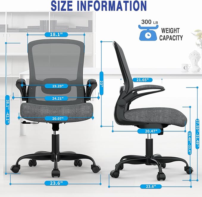 Mimoglad Ergonomic Office Chair - BIFMA Certified, Flip-up Armrests & 135° Recline, Adjustable Lumbar Support - Space-Saving Task Chair for Business/Team Office & Home (Iron Gray, 300lbs)