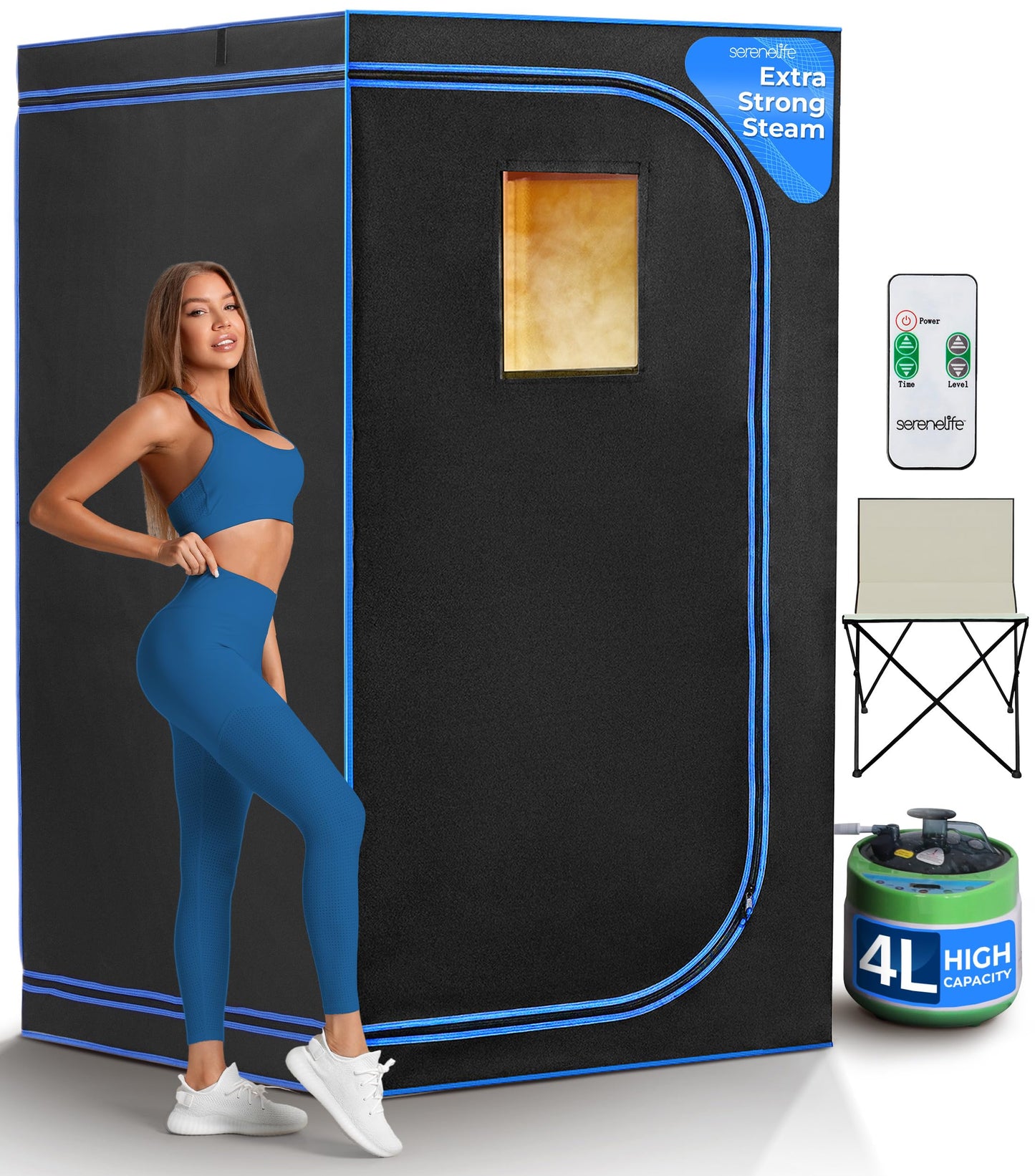 SereneLife Portable Sauna Box for Home, Steam Tent with Extra Large 4L Steamer - Includes Folding Chair, Remote Control w/ 9 Heat Levels for in-Home Spa - 2.9' x 2.9' x 5.9'