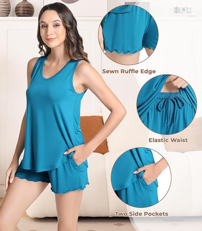 NACHILA Pajamas for Women-Viscose from Bamboo, Ribbed Racerback Tank Top Sexy Split Shorts Pajama Sets Cooling Sleep Cami Pjs