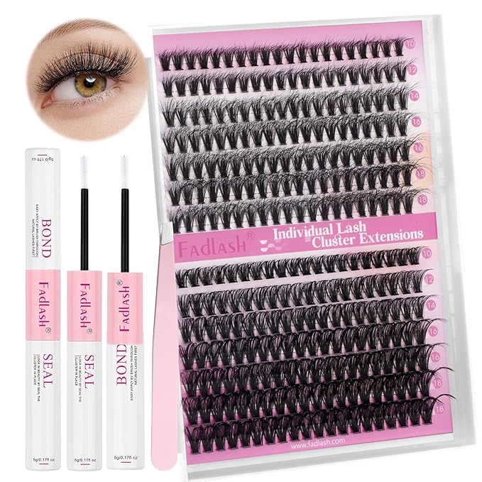FADLASH Lash Extension Kit 40D+50D Lash Clusters D Curl Lash Cluster Kit DIY Eyelash Extension Kit with Lash Bond and Seal Lash Tweezer Cluster Lashes (Kit, 40D+50D-07D-Mix10-18)