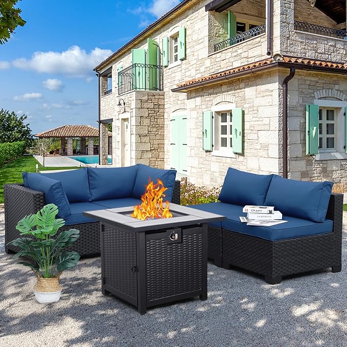 WAROOM Outdoor Patio PE Wicker 5 Piece Furniture Set, Black Rattan Sectional Conversation Sofa Chair with Square Propane Fire Pit Table, Navy Blue Cushion