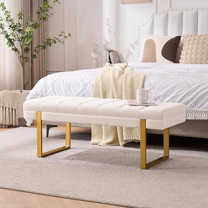 AIITTCC Velvet Ottoman Bedroom Bench, 46.5" Tufted Padded End of Bed Bench with Gold Legs, Upholstered Shoe Bench for Living Room Entryway Window (Ivory White, 46" Wide)