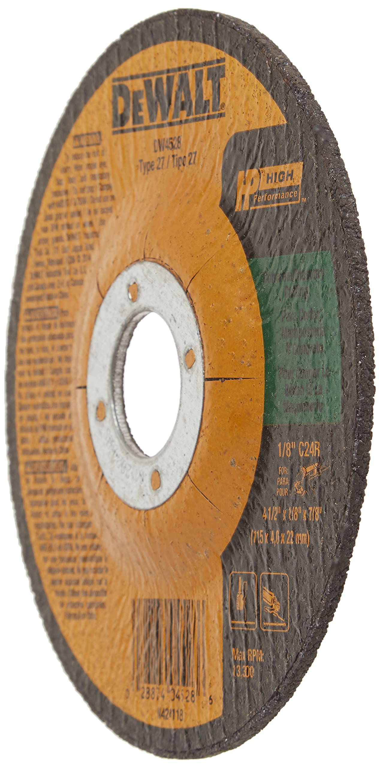 DEWALT 4-1/2" Cut Off Wheel, Concrete/Masonry, 4-1/2" x 1/8" x 7/8" (DW4528) , Yellow