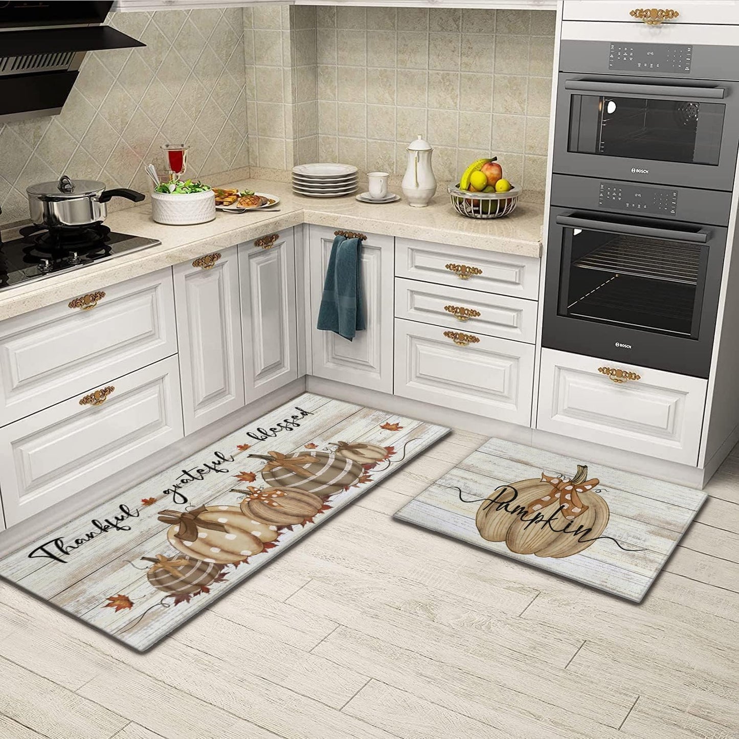 Fall Kitchen Rugs Fall Entrance Door Mat Pumpkin Non Slip Kitchen Rug Anti Fatigue Mats for Kitchen Floor Waterproof Washable Rug Runner for Kitchen Laundry17x30+17x47inch