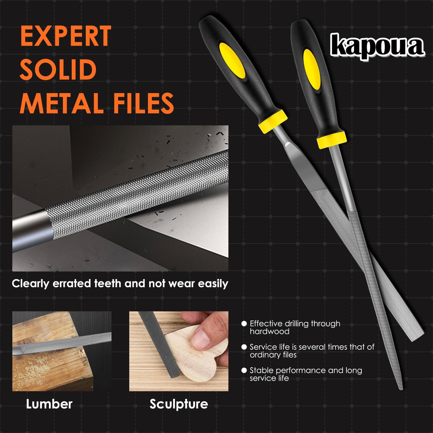 kapoua 6-Piece Metal Needle File Set - Hardened Alloy Steel Includes Flat, Warding, Square, Triangular, Round, and Half-Round Files