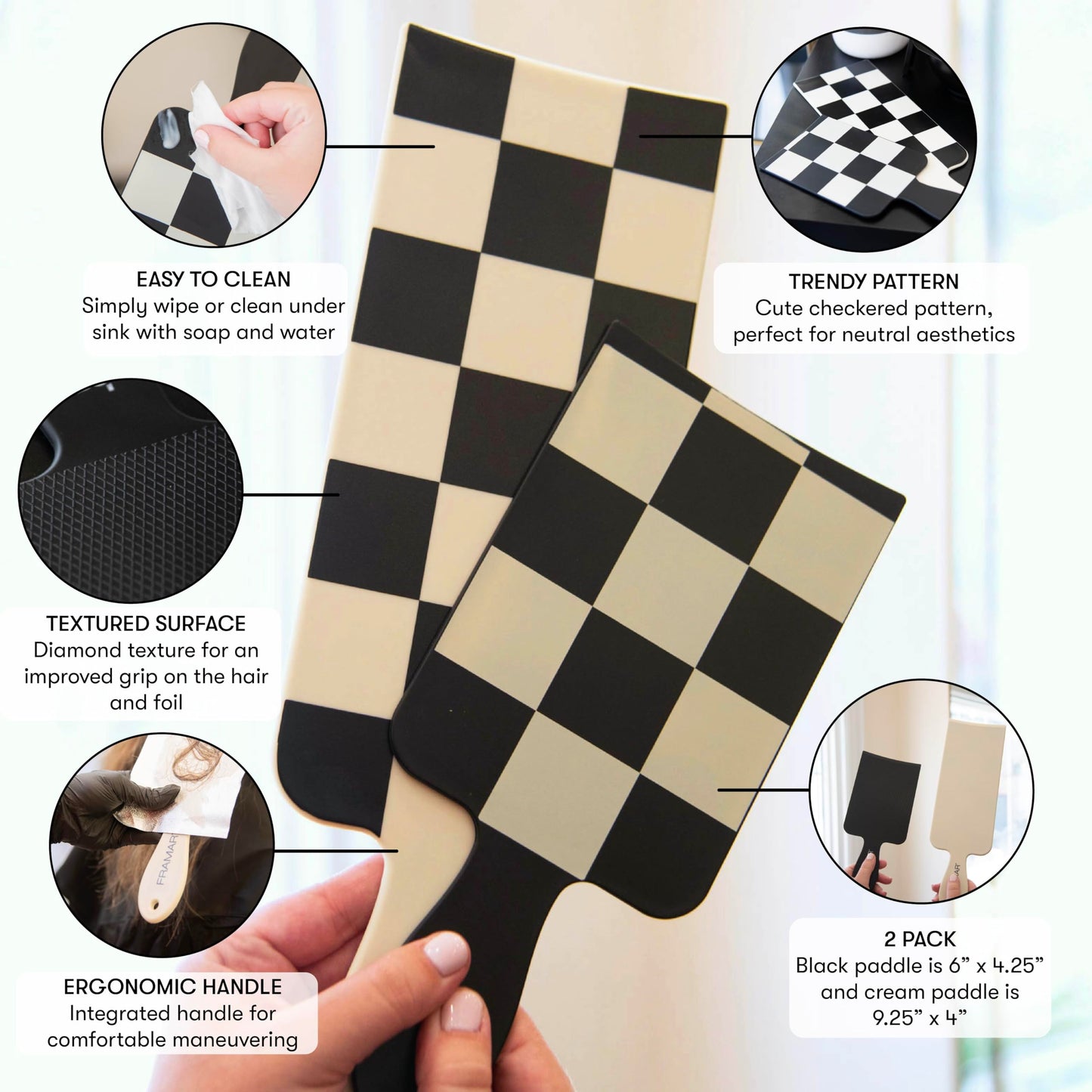 FRAMAR Checkered Balayage Board and Paddle Set - Long and Short Foil For Highlights, Highlighting Board, Hair Salon Supplies, Fo
