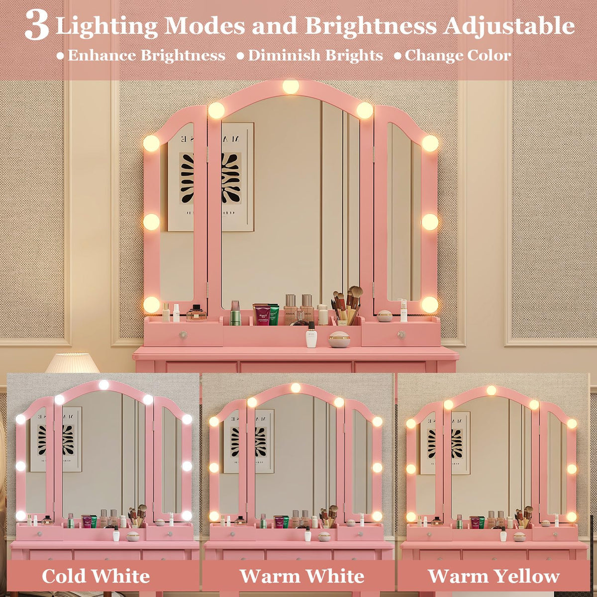 Phonrida Pink Makeup Vanity for Girls Vanity Desk with Mirror and Lights Girls Vanity Desk Vanity with Lights Make Up Vanity Set tocadores para maquillarse con Luces y cajones Vanity Table Set
