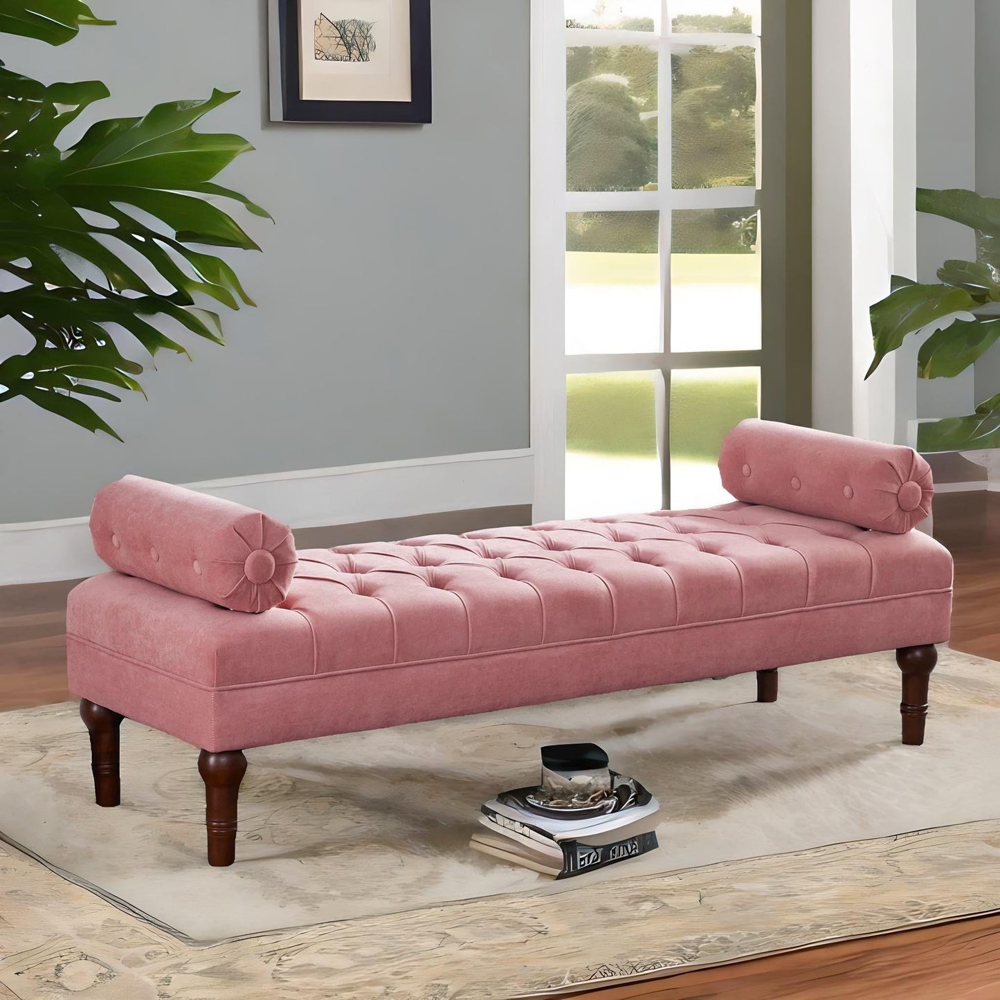 Batohom 60.2" End of Bed Bench,Large Size Bedroom Bench,Upholstered Window Bench with Button-Tufted,Entryway Bench,Storage Bench for Living Room(Pink)