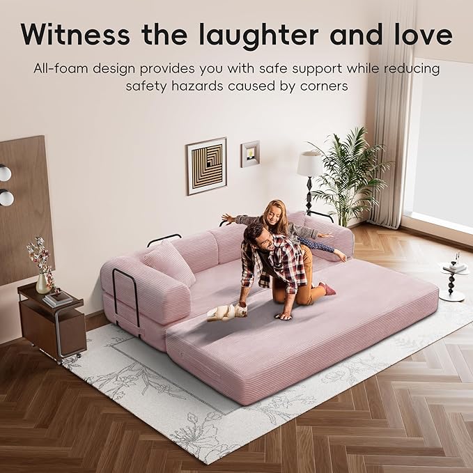 ZQRhome 79" 5-in-1 Convertible Sofa Bed, Luxe Sleeper with Reinforced Frame & Plush Support, No Assembly Corduroy Couch for Lounge, Bedroom & Dorm, Pink