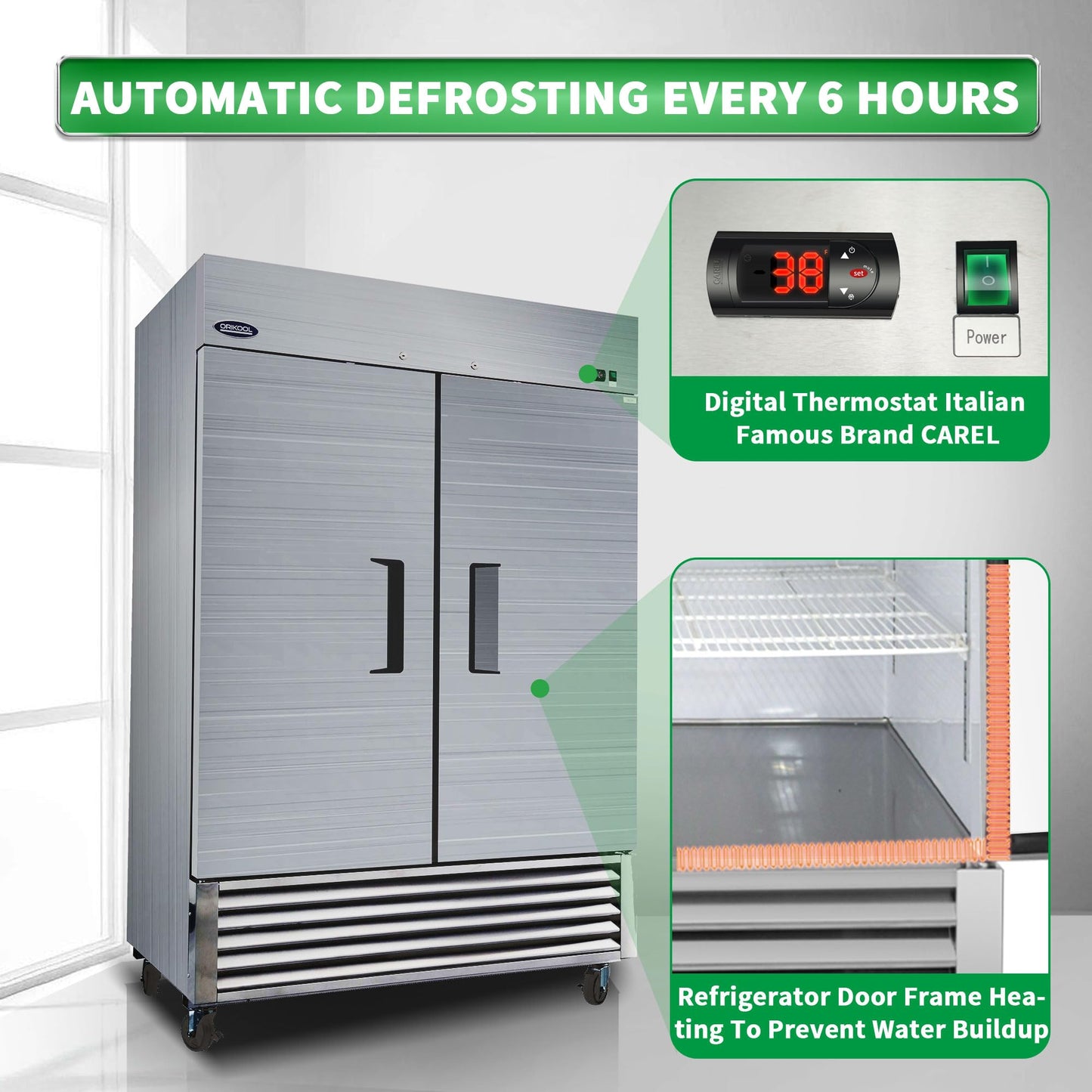 ORIKOOL 54" W Commercial Reach-In Upright Refrigerator - Double Doors Stainless Steel Fridge, 49 Cu.ft Capacity, 6 Adjustable Shelves, Auto Defrost, Digital thermostat control, LED Lighting
