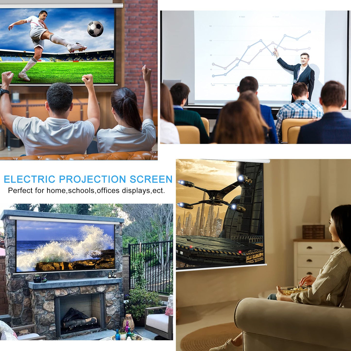 Kayle 120" Motorized Projector Screen Electric Diagonal Automatic Projection 4:3 HD Movies Screen for Home Theater Presentation Education Outdoor Indoor W/Remote Control and Wall/Ceiling Mount (White)