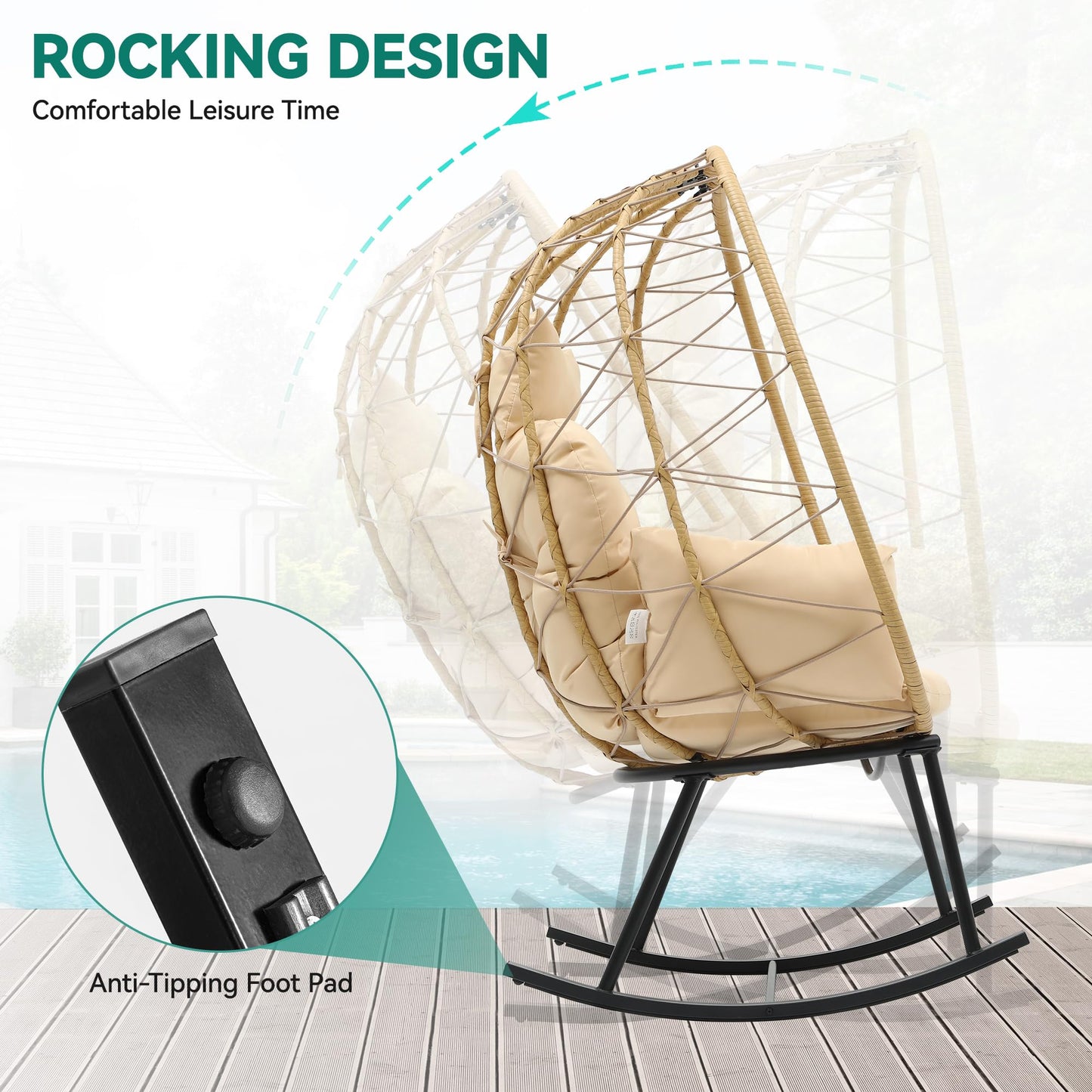 YITAHOME Wicker Rocking Egg Chair, Outdoor Patio Rocking Chair with Cushioned Comfort, 330lb Capacity, Anti-Slip, All-Weather Resilient Egg Lounger Chair for Indoor & Outdoor Relaxation Spaces, Beige