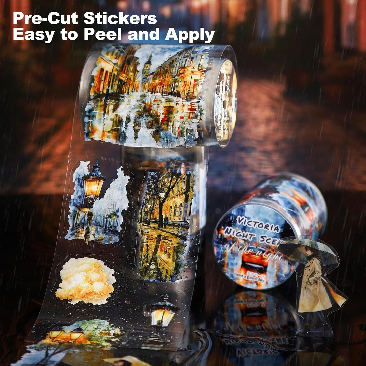 Night Scene PET Tape Set – 6 Rolls of Pre-Cut Landscape Stickers with Clip, Waterproof Scrapbook Kit for Journaling, DIY Crafts, and Decorative Embellishment
