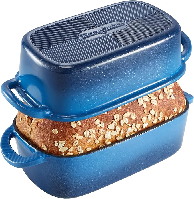 HONGBAKE Everline Collection 2 in 1 Enameled Cast Iron Loaf Pan with Lid, 9x5 Bread Pans for Baking Homemade Sourdough, Nonstick Large Banana Baking Tins, Even Heating Bread Dutch Oven, Blue