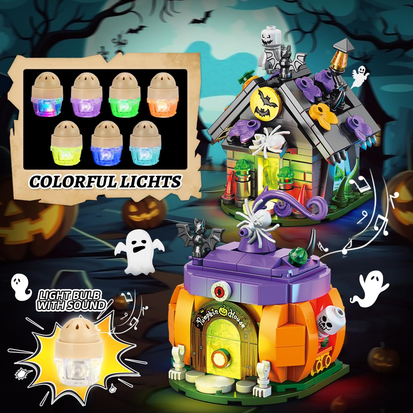 Halloween Building Blocks Set - Haunted House, Pumpkin Carriage, Skull Head, 6 Models Compatible with Lego, Halloween Party Gift for Boys or Girls 6-12 Years Old