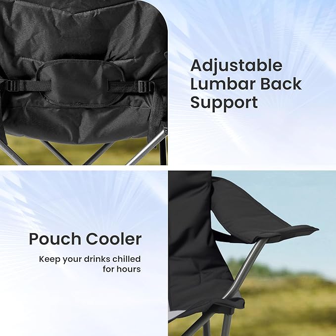 Foristrail 2 Pack Folding Camping Chairs for Adults - High Back Padded Outdoor Lawn Chairs with Lumbar Support & Cup Holder, 400lbs Heavy Duty Portable Camping Chairs Set (Light Black & Gray, 2 PCS)