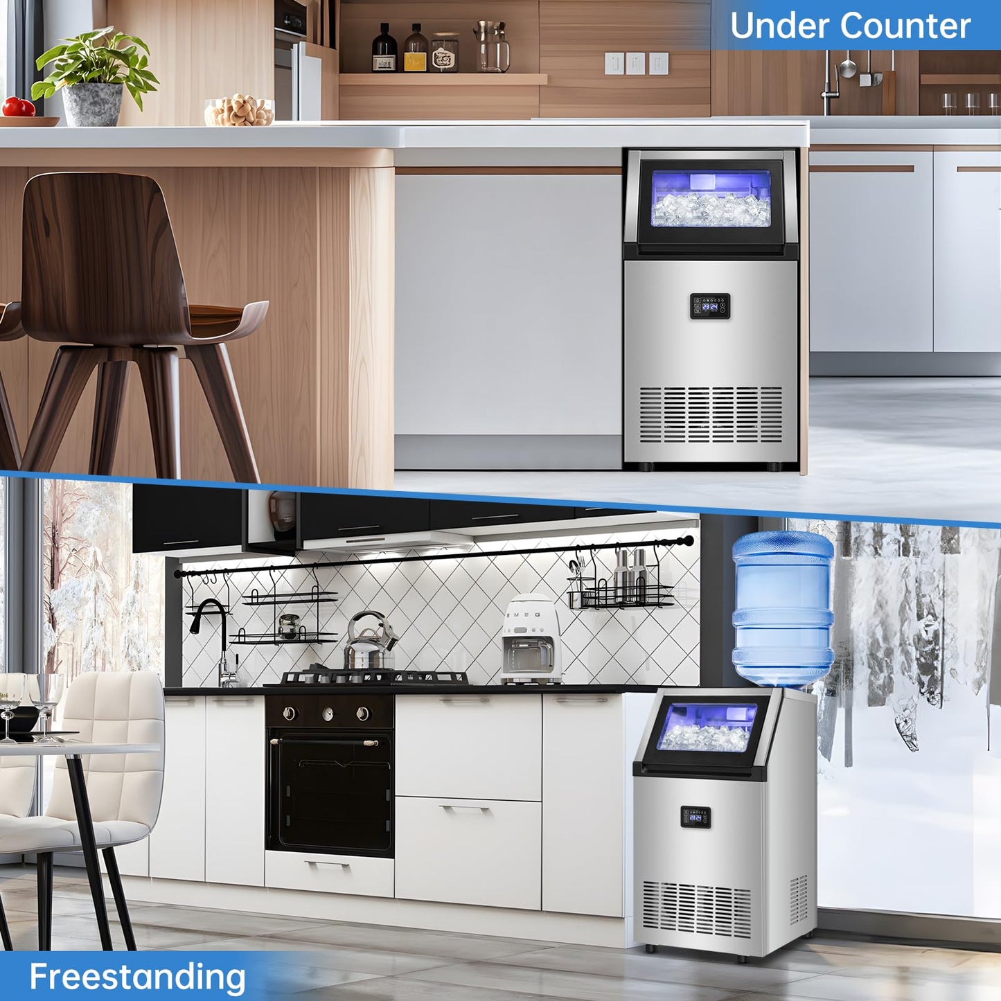 Ice Maker Commercial Ice Machine 200 lbs /24H, 33 lbs Large Storage Capacity Bin, Under Counter or Freestanding Ice Cube Makers Stainless Steel for Restaurant Bar Cafe