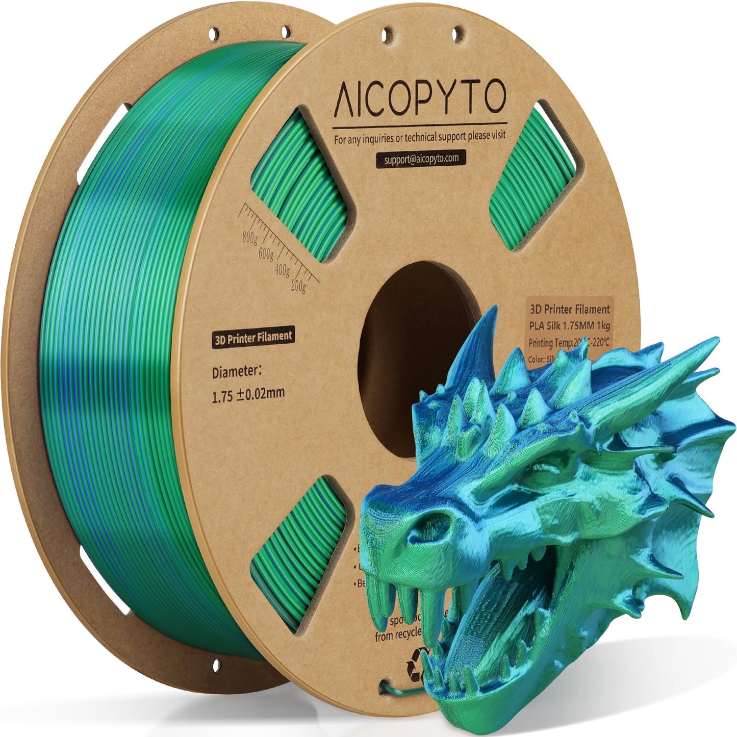 AICOPYTO Dual Color Silk PLA 3D Printer Filament 1.75mm, Dual Color 2-in-1 Green-Blue Silk Filament 1KG Spool (2.2lbs) Dimension