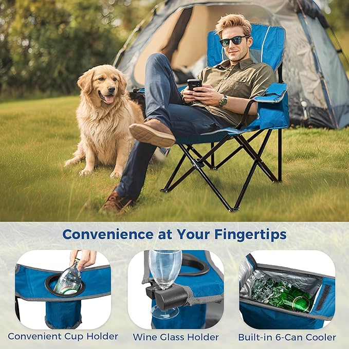 Matrasco Oversized Padded Camping Chair, Heavy-Duty Steel Frame for 450 lbs Supports, Convenient 6-Can Cooler, Portable Carry Bag, Perfect for Outdoor, Beach, and Hiking (Blue & Gray)