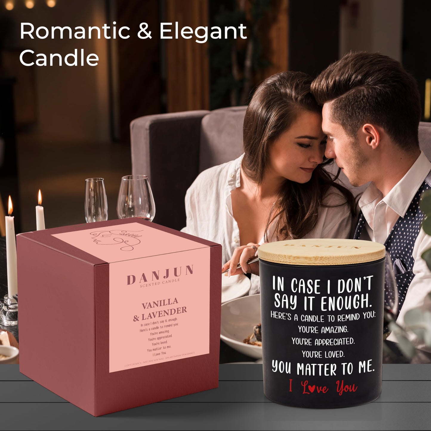 DANJUN Mother's Day Candle - Anniversary or Wedding Gift for Women - Romantic Gifts for Girlfriend & Boyfriend - Wooden Base & Gift Box Included - Vanilla & Lavender Scented - 10oz