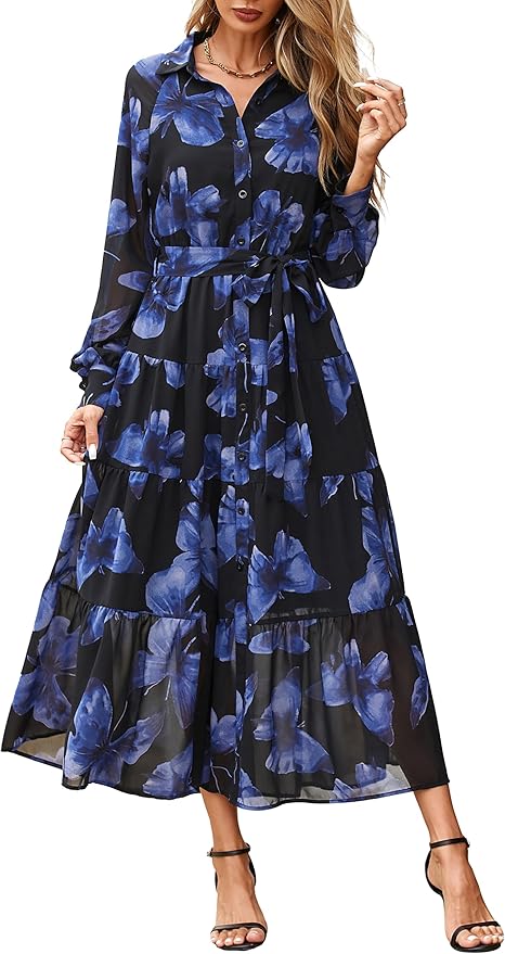 PRETTYGARDEN Women's Fall Dress 2025 Casual Long Sleeve Button Down Belted Boho Floral Flowy Maxi Wedding Guest Dresses