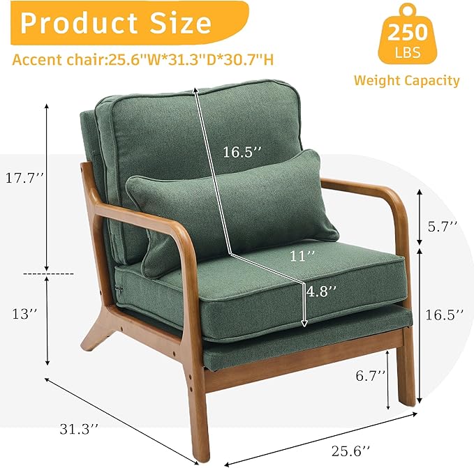 SEYNAR Mid-Century Accent Chair, Linen Fabric Lounge Chair with Wide Armrest,13-16.5'' Low Seat Height Armchair with Lumbar Pillow & Solid Wood Frame for Living Room, Bedroom, Balcony(Green)