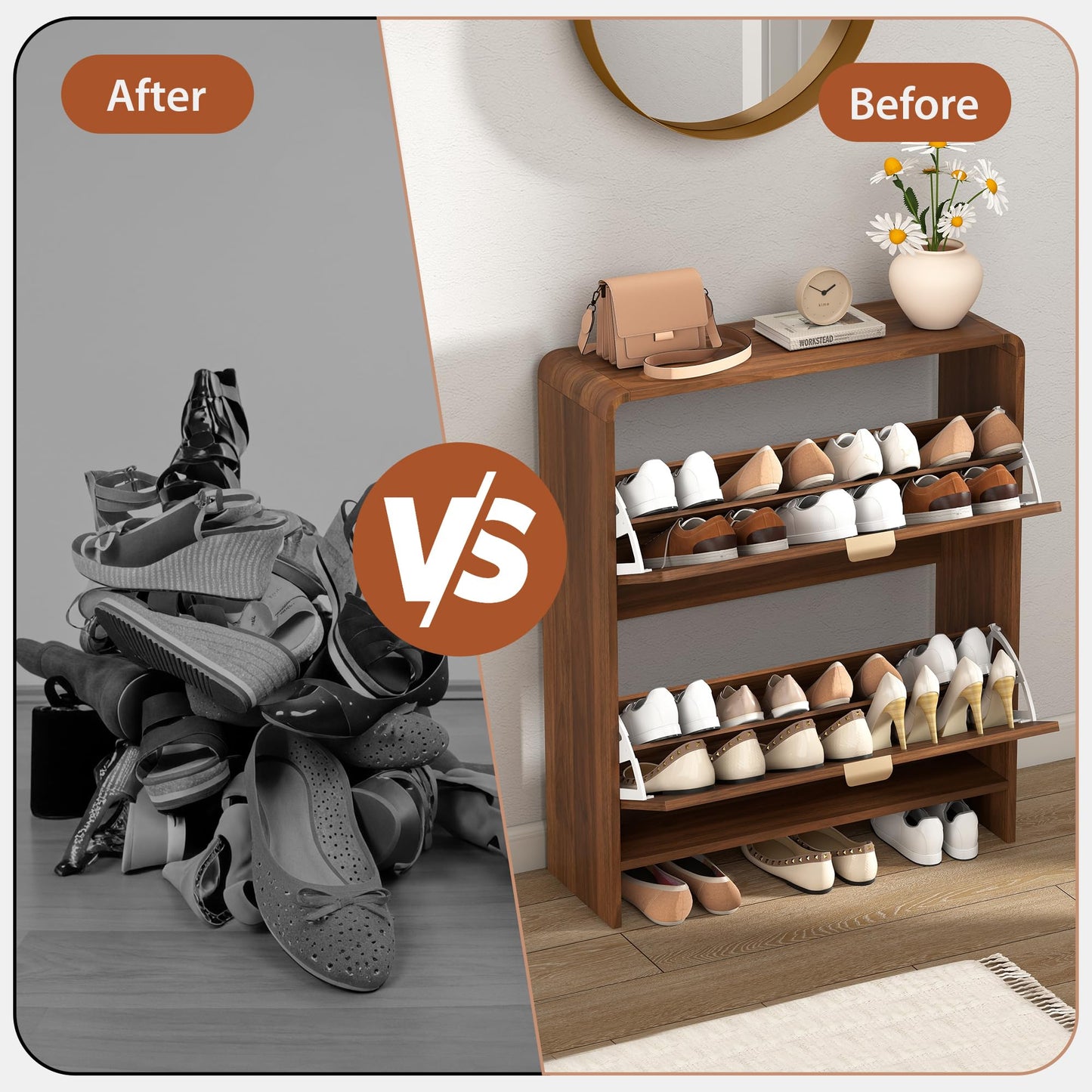 RUSTYER Narrow Shoe Storage Cabinet for Entryway with 2 Flip Drawers, Freestanding Wood Shoe Cabinet with Arched Stripe Panel, Curved Edge Shoe Organizer Closed Shoe Rack for Hallway, Foyer (Walnut)