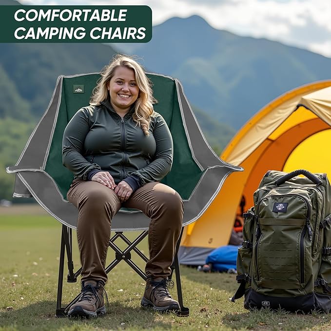Northroad 2 Pack Oversized Camping Chair,Outdoor Padded Folding Lawn Chair w/Cup Holder,Carry Bag for Beach, Hiking, and Picnics,Heavy-Duty 300-lbs Capacity, Grey&Green