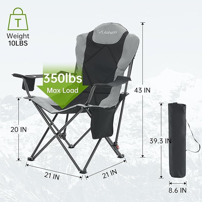 Aohanoi Camping Chairs, Portable Camp Chairs for Heavy People with Adjustable Angled Backrest, Outdoor Folding Camping Chairs for Outside Supports up to 350lbs, Carry Bag Included