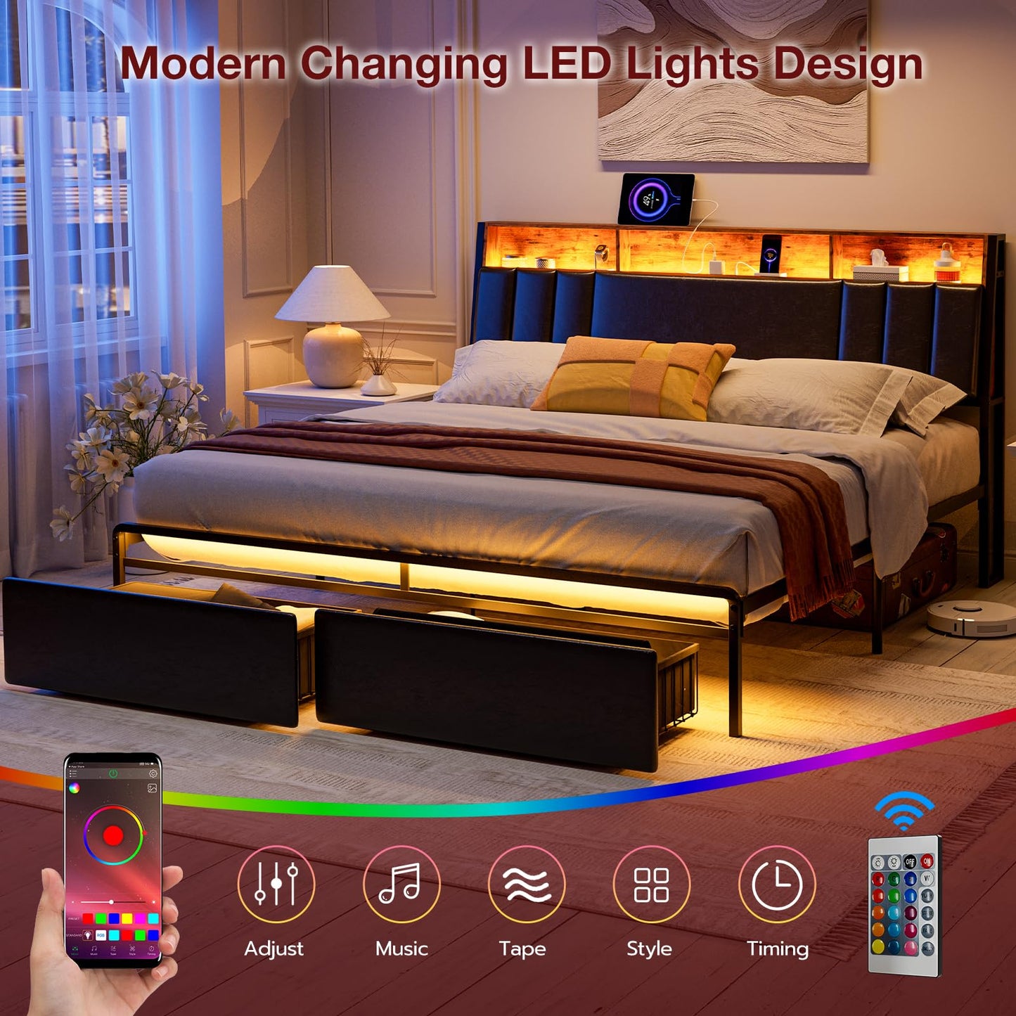 AOVSA California King Bed Frames with Ergonomic Hidden Storage headboard & Dustproof Drawers, Upholstered Cal King Platform Bed with LED Lights and Charging Station, No Box Spring Needed, Black