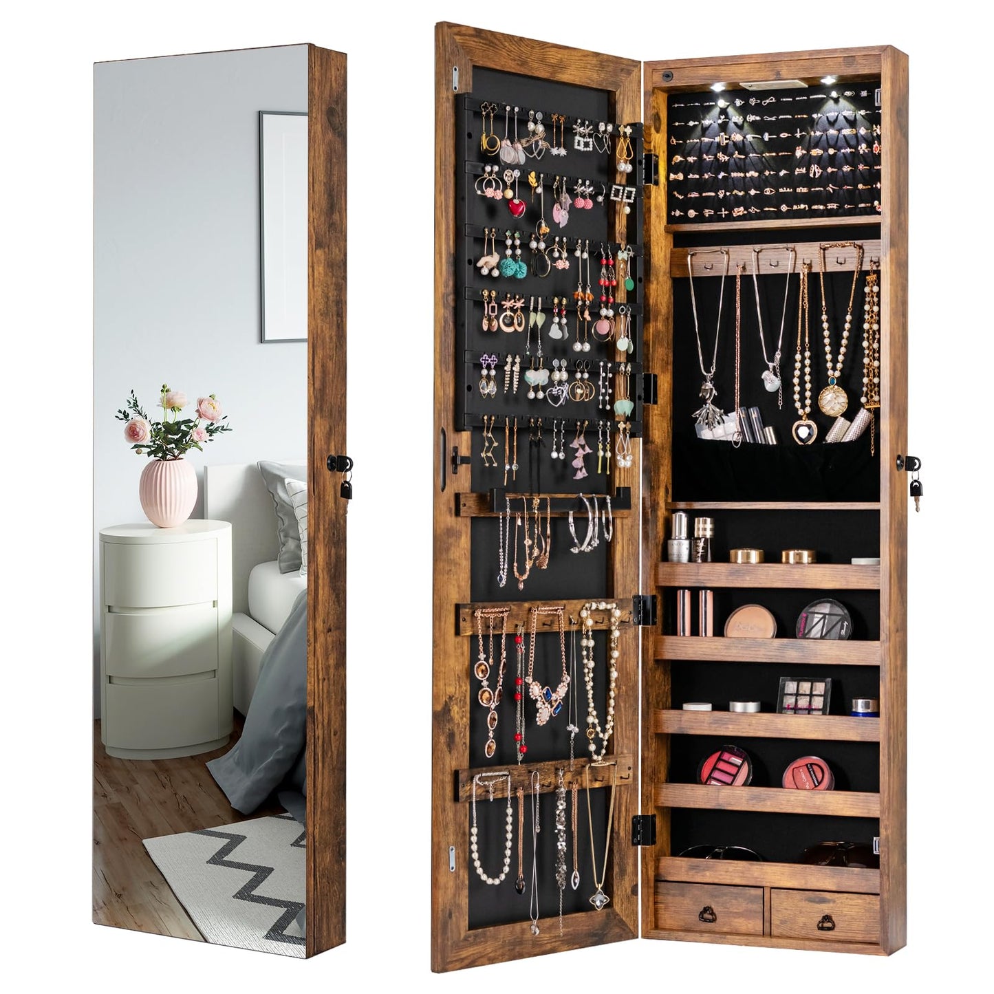 LDAILY Jewelry Armoire Wall or Door Mounted, Full-Length Mirror with Storage, Lockable Mirror Jewelry Cabinet w/ 2 Drawers, LED Lights, Over the Door Jewelry Organizer Box for Women Girls