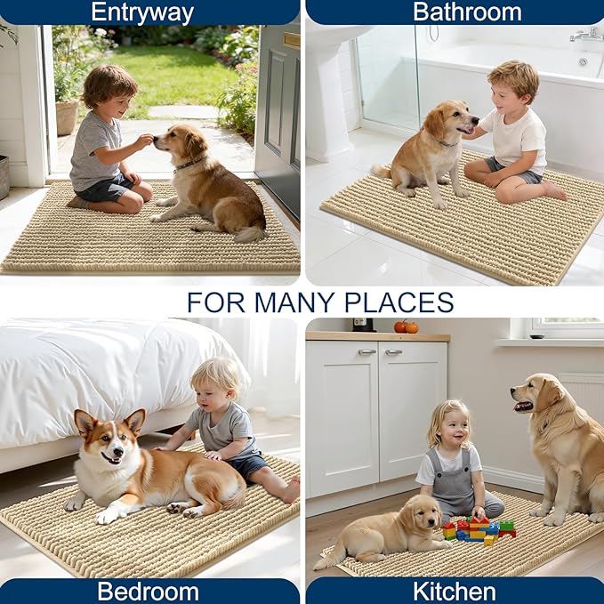 OLANLY Dog Door Mat for Muddy Paws 70x24, Ultra Absorbent Chenille Mud Doormat, Non-Slip Washable and Dirt Trapping Doormat for Indoor Entryway, Quick-Dry Indoor Pet Bed Mats for Dogs, Beige