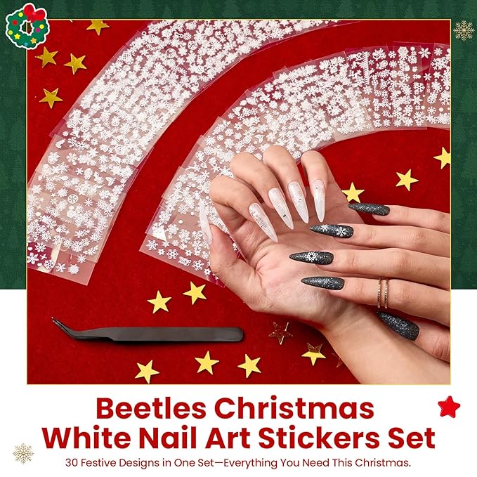 Beetles Snowflake Nail Art Stickers 30 Sheets Winter 3D Nail Stickers White Snowmen Santa Claus Elk Nails Supplies DIY Decals for DIY Decoration Nails Art