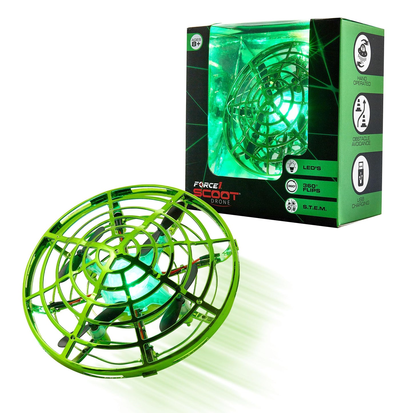 Force1 Scoot Hand Operated Drone for Kids or Adults - Hands Free Motion Sensor Mini Drones, Easy LED Indoor Rechargeable Flying Ball Drone Toy for Boys and Girls (Green)