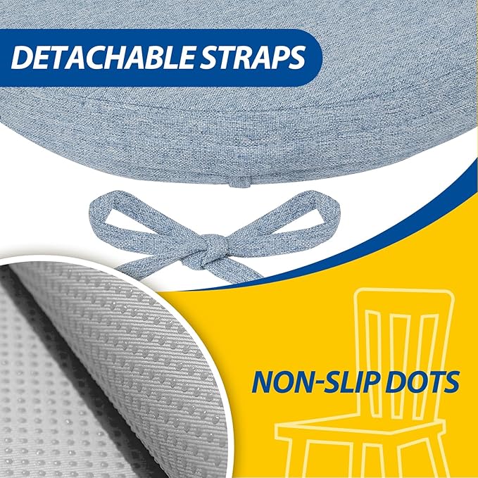 AAAAAcessories D-Shaped Chair Cushions, 2" Thick Dining Chair Pads with Ties and Removable, Machine-Washable Cover, 17" x 16", Set of 8, Light Blue