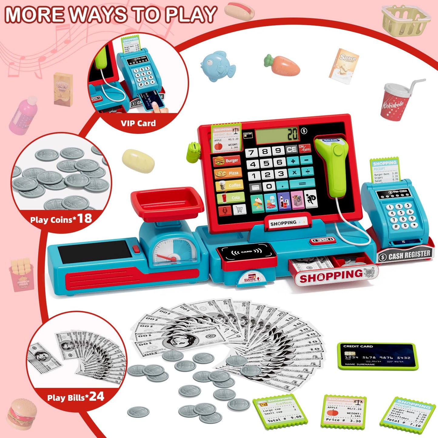Wee Wonders 63PCS Cash Register for Kids, Kids Cash Register with Real Calculator, Pretend Play Store with Music/Motorized Conveyor/Play Money/Food Toys, Learning Toys for Boys Girls 3+, Red