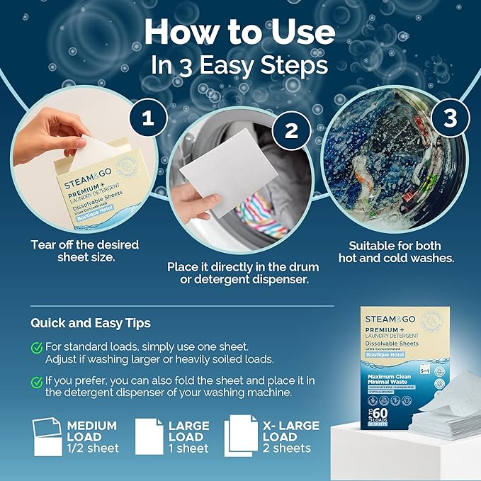 Steam & Go 5-in-1 Premium+ Dissolvable Laundry Detergent Sheets - Boutique Hotel Scent, 30 Count