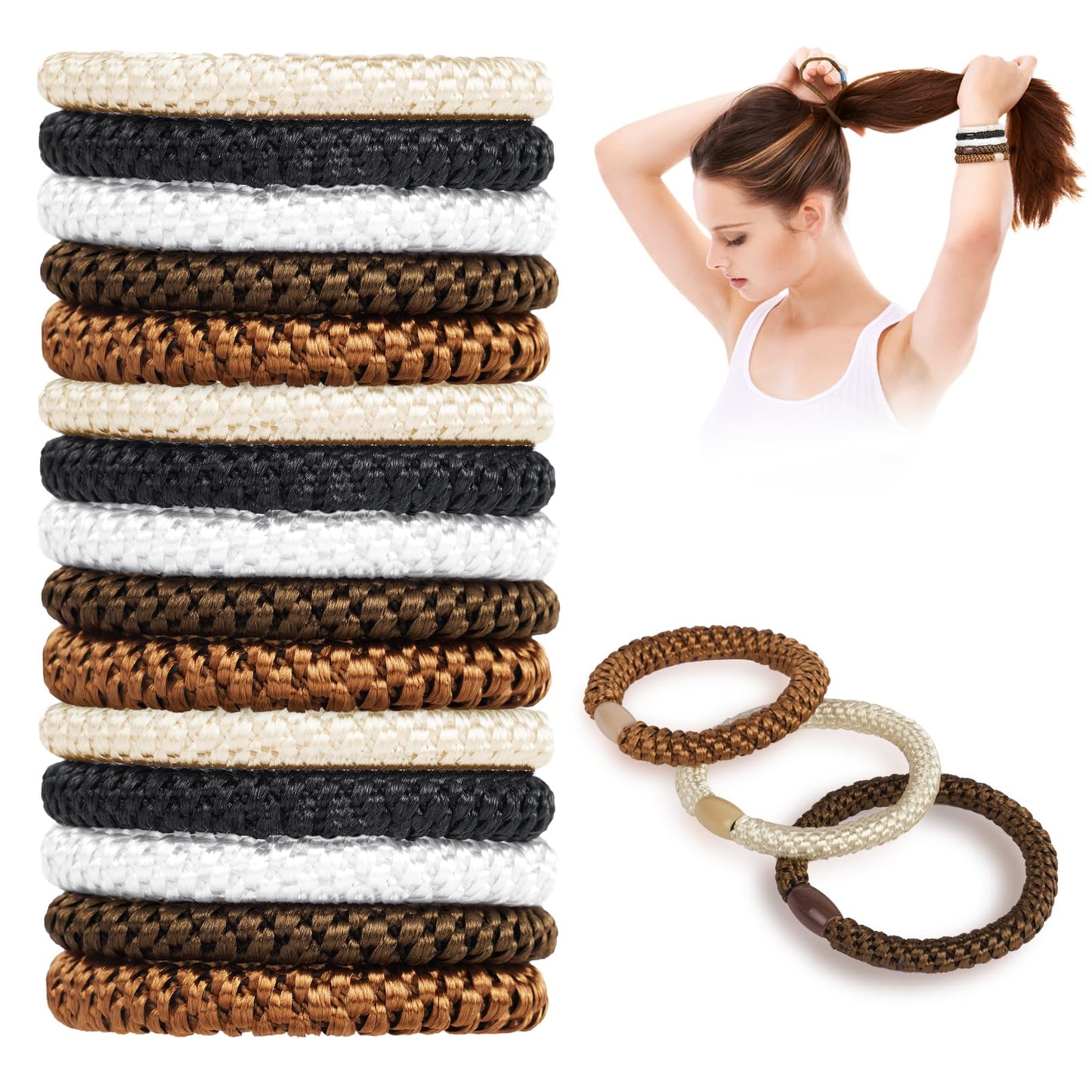 AUAUY 15PCS Elastic Mixed Color Hair Ties for Women Girls, Cotton Bands Soft Woven Ponytail Holders for Thick Hair and Curly Hai