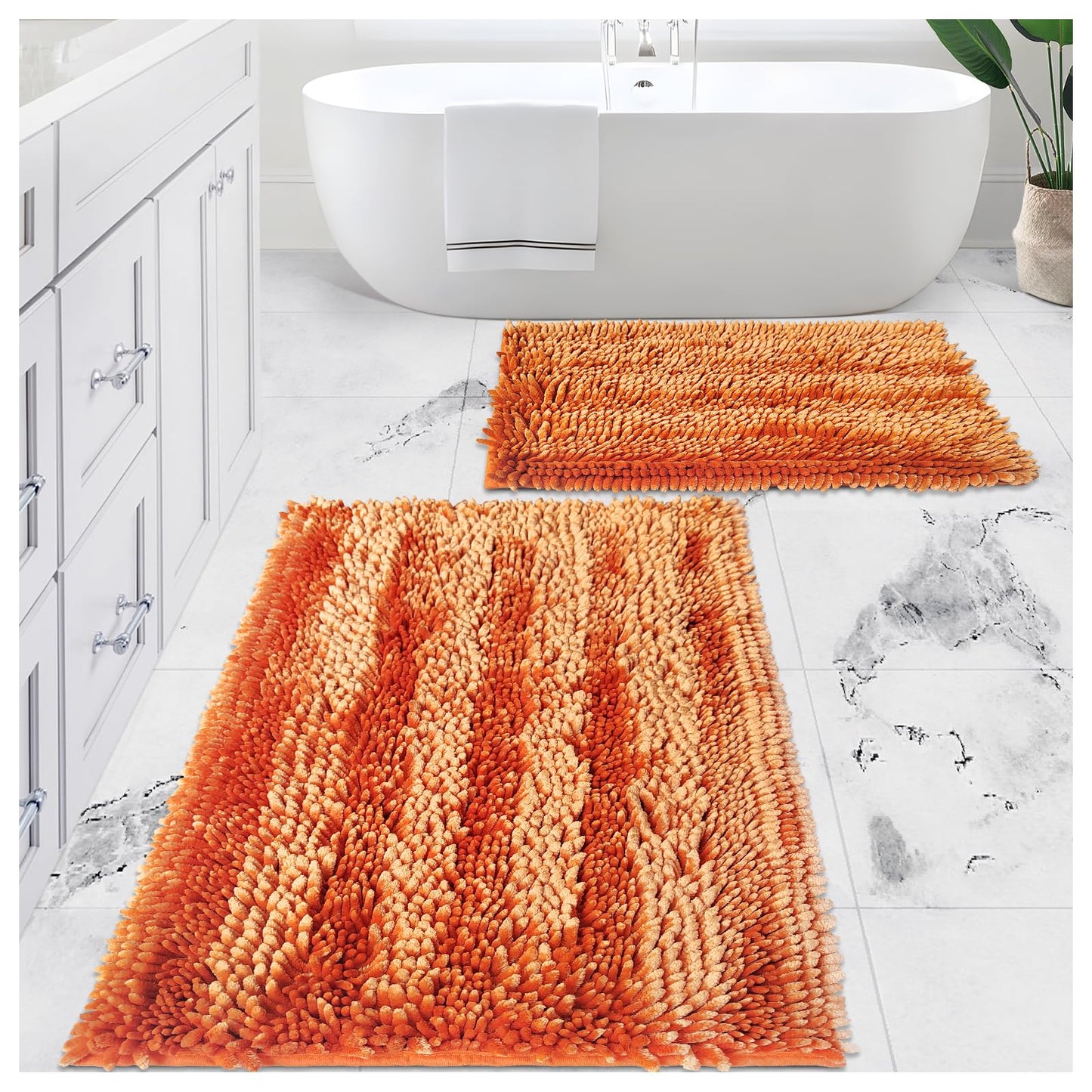 Civkor Orange Bathroom Rugs, Fall Bathroom Rugs Set with Non Slip Backing, Luxury Shiny Chenille Bath Mats Rug Machine Washable and Quick Dry, 31x20 and 24x16 Inch