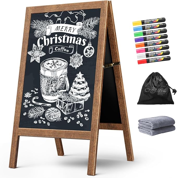 Chezerra A Frame Chalkboard Sign, 40"x20" Extra Large Sidewalk Chalk Board, Wooden Standing ChalkBoards Set with Markers, ...