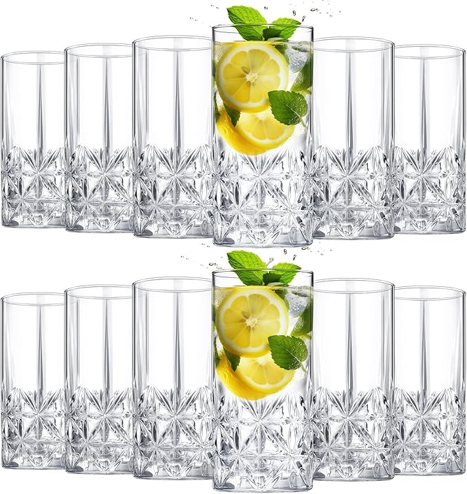 Uiifan Set of 12 Tall Highball Glasses 12 oz Crystal Drinking Glasses Clear Fancy Cups Vintage Textured Designer Glassware...