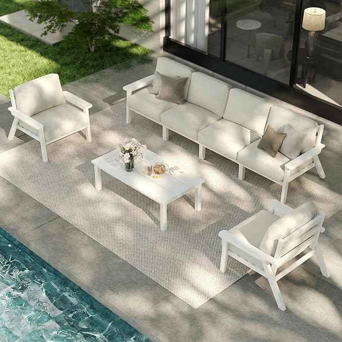 Patio Kingdom Patio Furniture Set 7 Seats, HDPE Outdoor Sectional with Beige Washable Thick Cushions, Coffee Table, Patio Conversation Sets for Lawn, Garden, Porch, Balcony, Deck (White Frame)