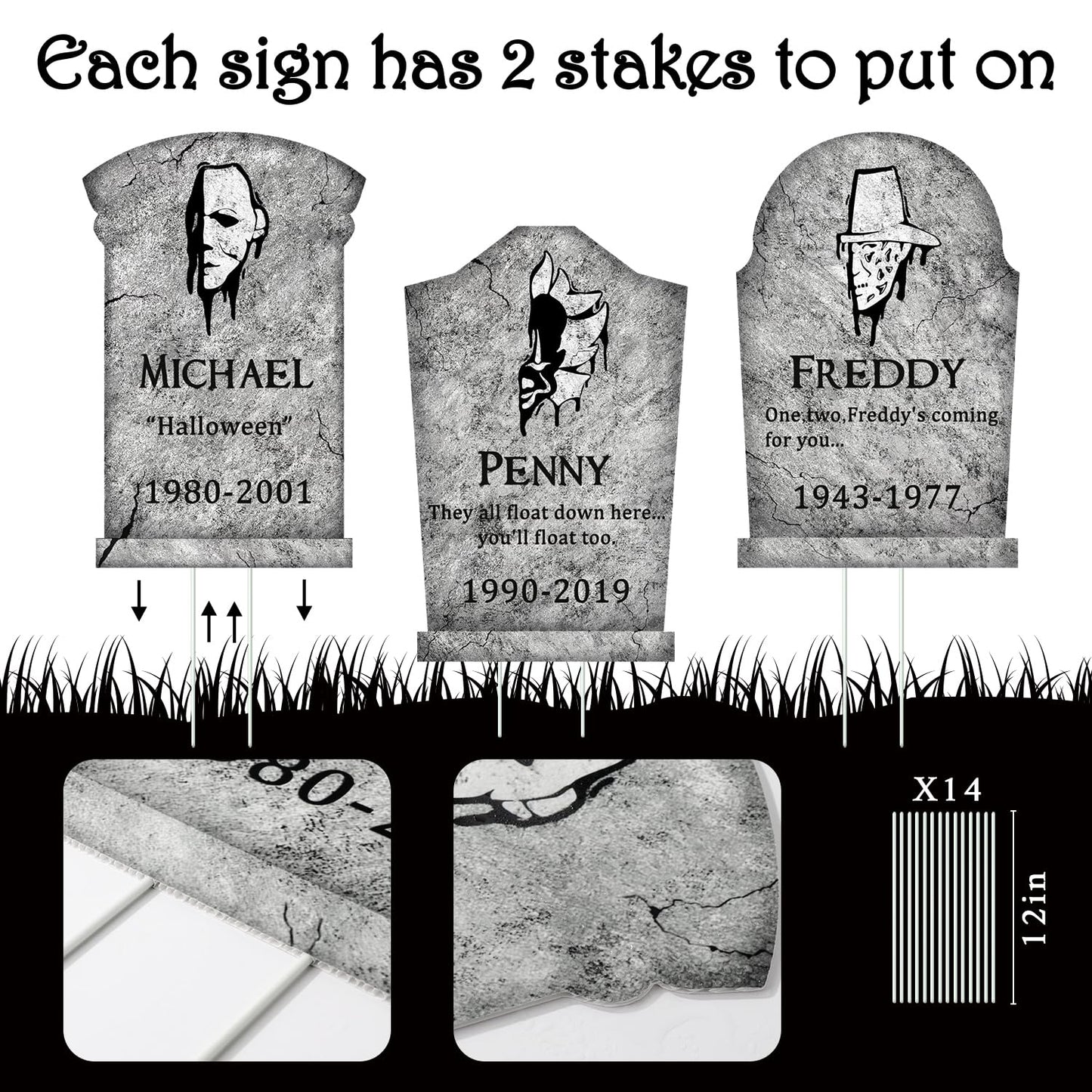 Halloween Decorations Outdoor Graveyard Tombstones: 6ct Large Tombstone Halloween Decor Yard Signs with Stake, 17" Tall Scary Gravestones with Half Killer Face, Waterproof Lawn Decor Outside, Not Foam