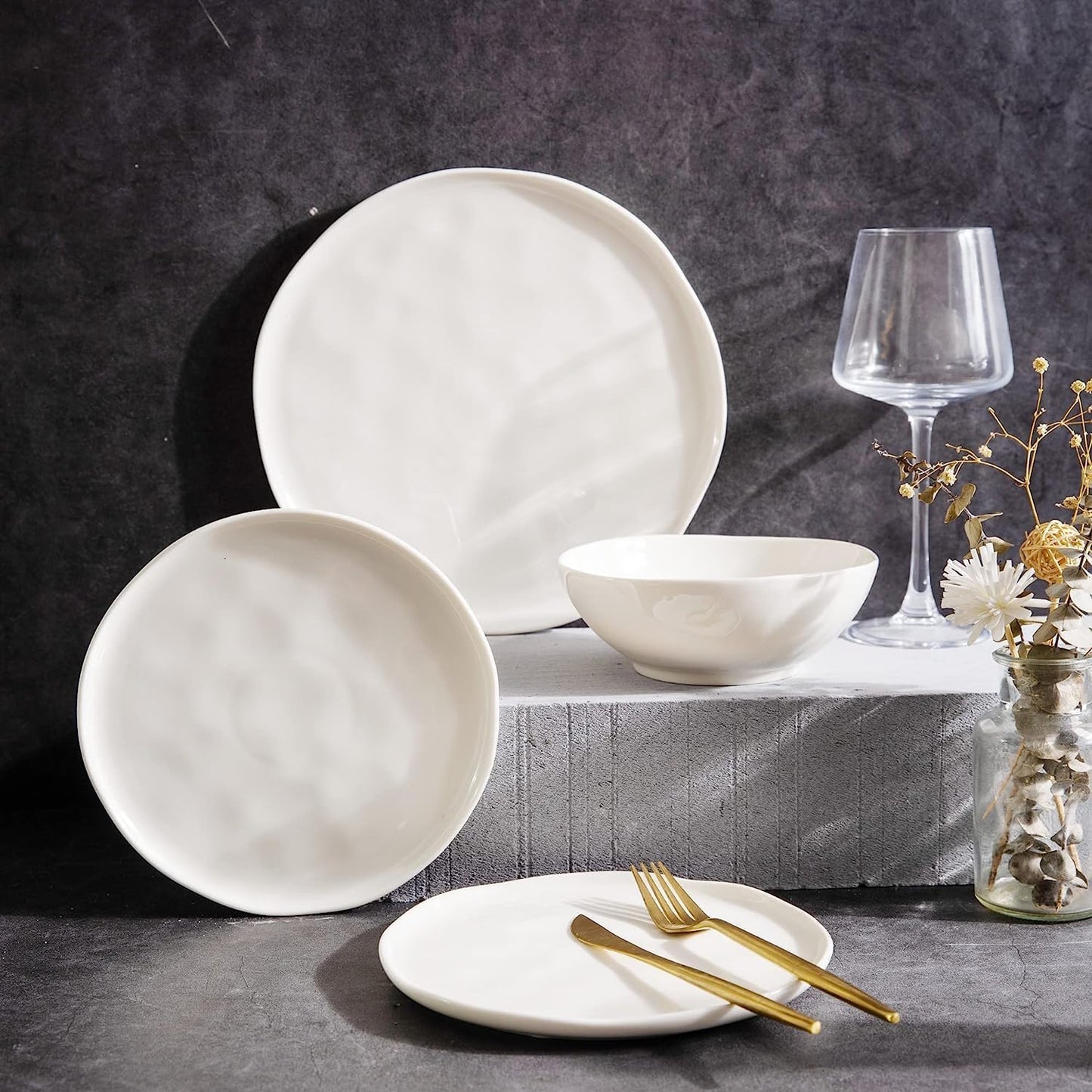 LERATIO Ceramic Dinnerware Sets for 4,Porcelain Plates and Bowls Sets with Wavy Edge,Microwave & Dishwasher & Oven Safe,Light Weight & Scratch Resistant Dishes Sets-Service for 4 (12pcs)-White