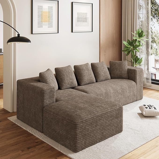 Modular Sectional Sofa, 107" L Shaped Cloud Couch Plush Corduroy Deep Seat Boneless Sofas with 5 Pillows Long Chaise Lounge Couches Memory Foam for Living Room - Brown, Right Facing Chaise