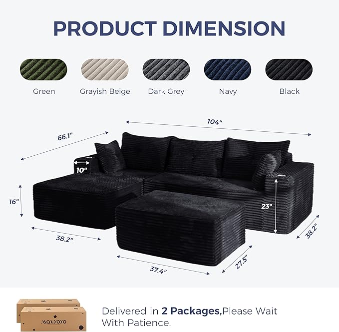 MAXYOYO 104" U-Shaped Modular Sectional Couch, Modern Boneless Couch for Living Room, Sofa in A Box, Oversized Sofa Sleeper with Deep Seat, No Assembly Required, Black